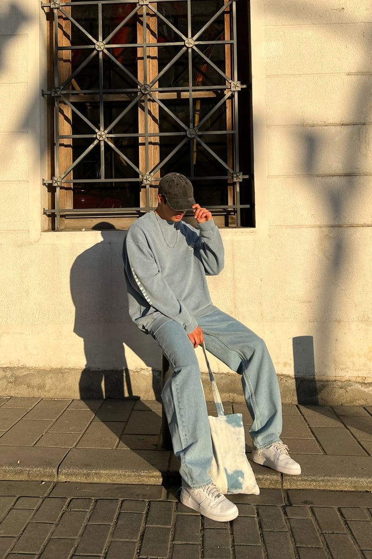 Actual Baskılı Mavi Oversize Sweatshirt