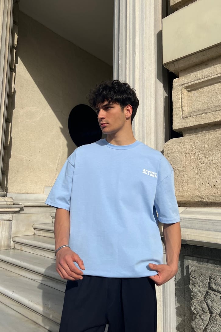 Actual Baskılı Mavi Oversize Tişört