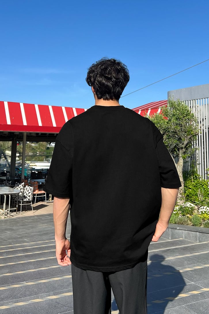 Actual Baskılı Siyah Oversize Tişört