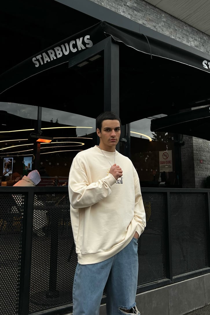 Actual Baskılı Taş Rengi Oversize Sweatshirt