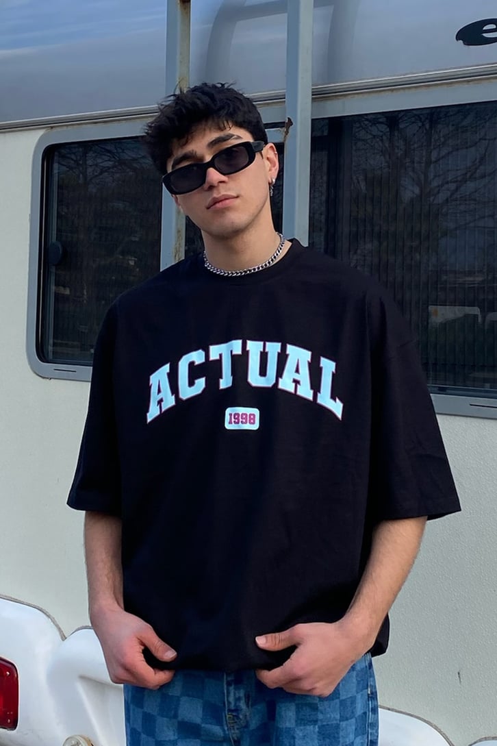 Actual Printed Siyah Oversize Tshirt