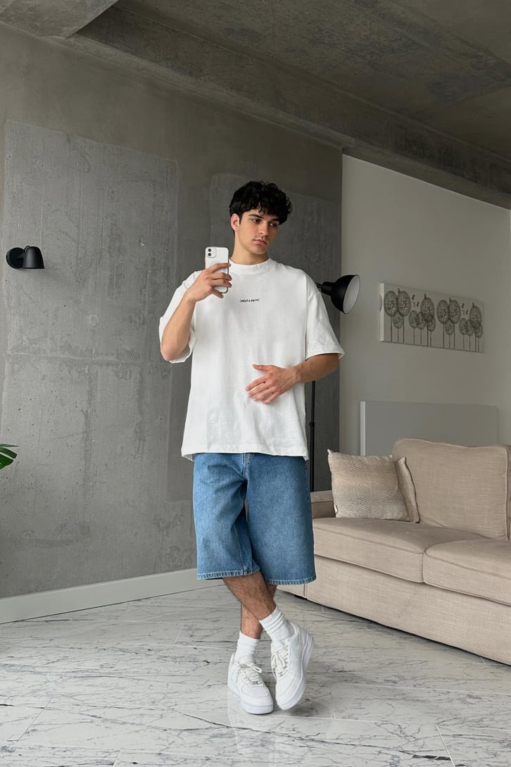 Adult S Swim Baskılı Beyaz Oversize Tişört