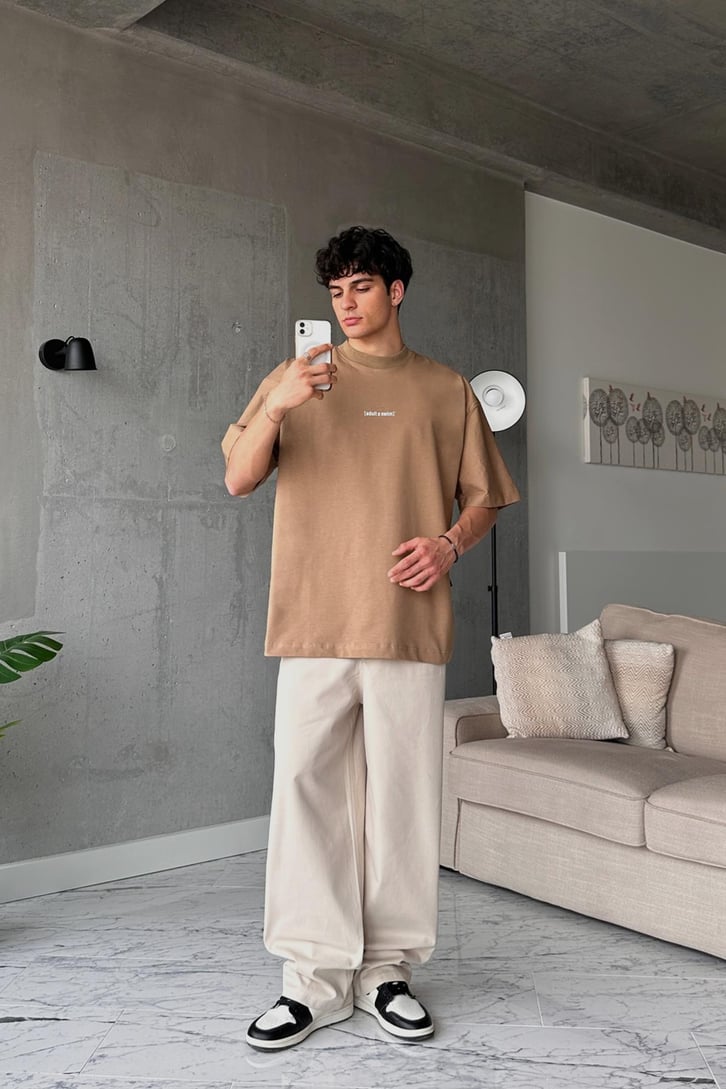 Adult S Swim Baskılı Camel Oversize Tişört
