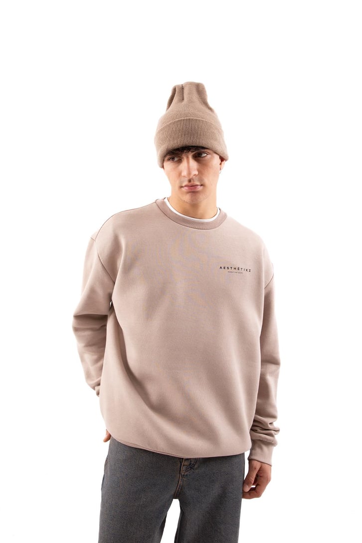 Aest Baskılı Bej Oversize Sweatshirt