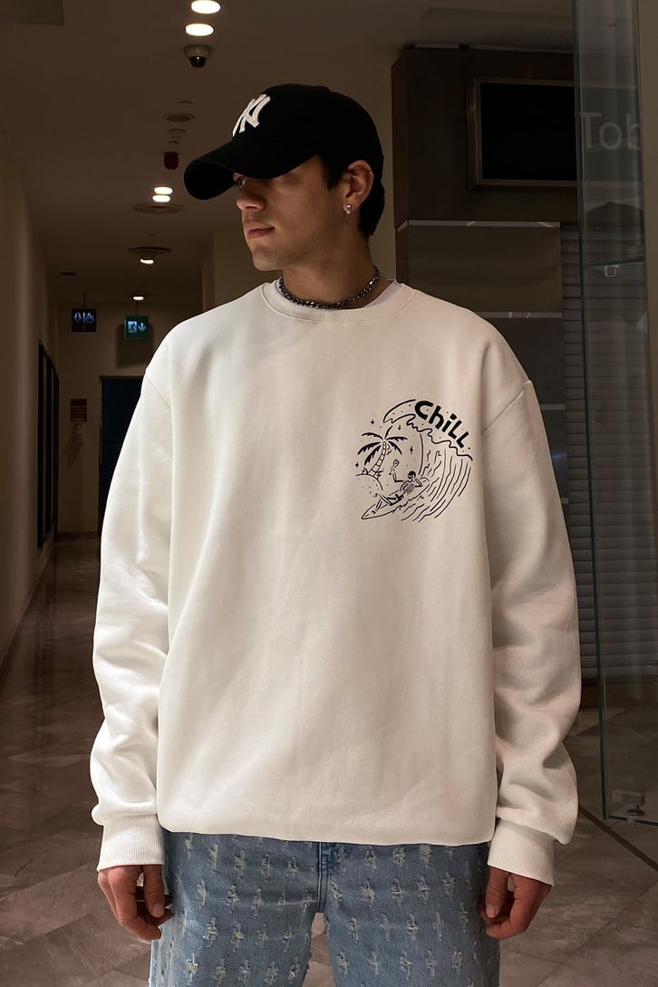 After Coffee Oversize Printed Ecru Sweatshirt