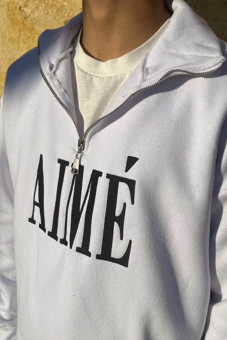 Aime Nakışlı Half-Zip Beyaz Sweatshirt