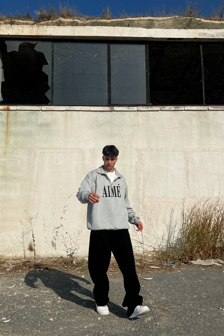 Aime Nakışlı Half-Zip Gri Sweatshirt