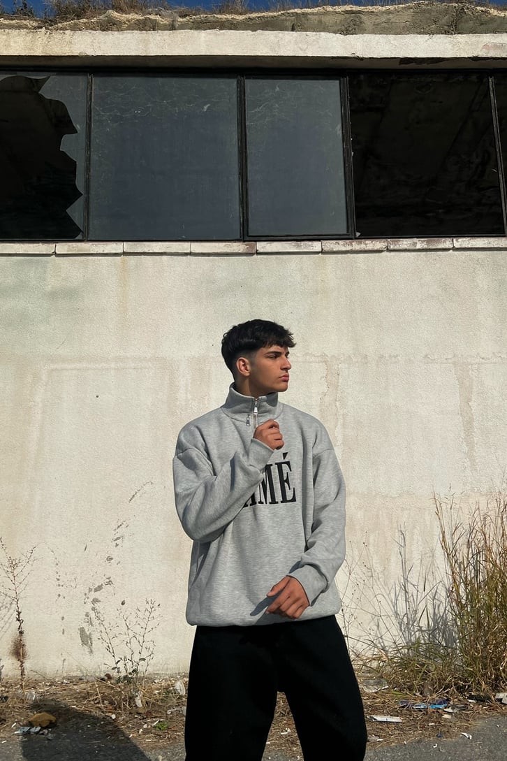 Aime Nakışlı Half-Zip Gri Sweatshirt