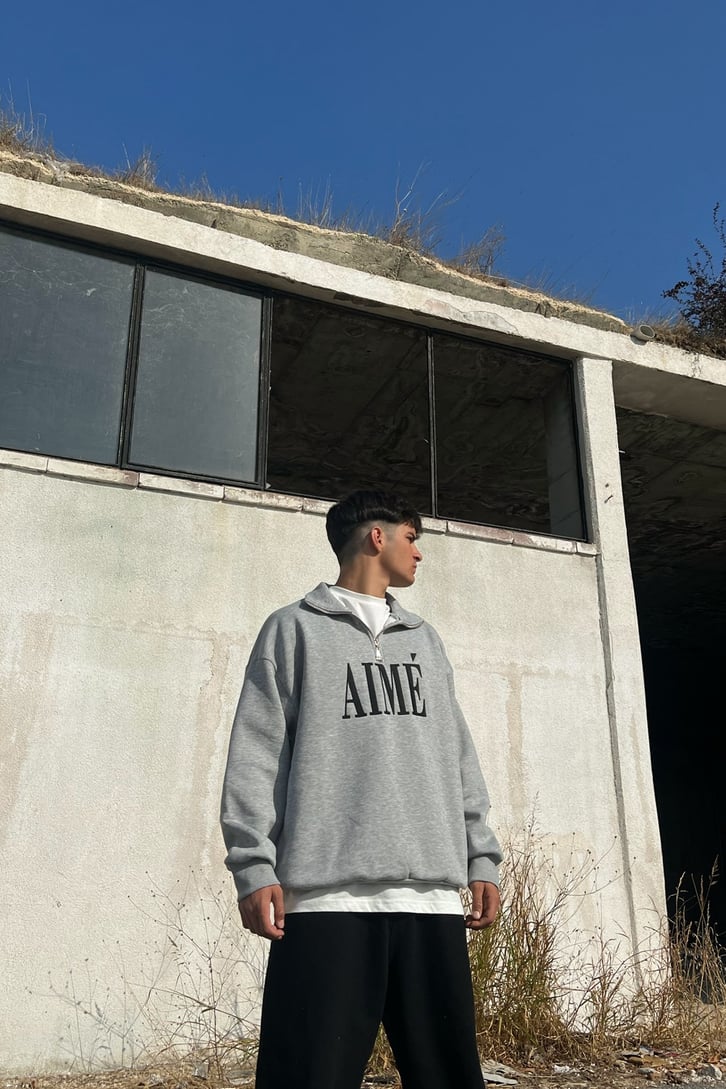 Aime Nakışlı Half-Zip Gri Sweatshirt