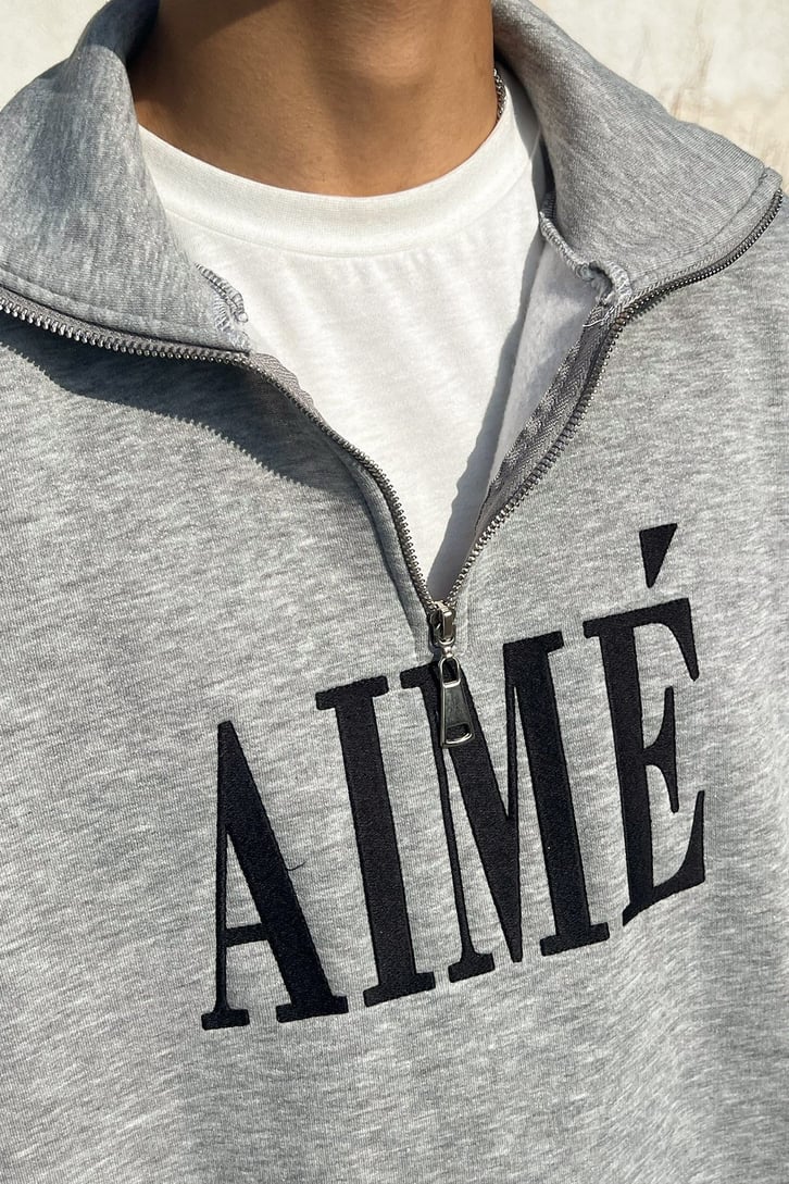 Aime Nakışlı Half-Zip Gri Sweatshirt
