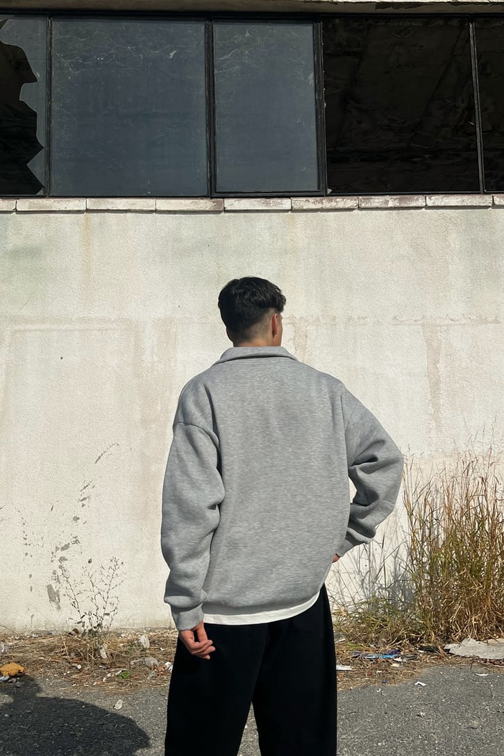 Aime Nakışlı Half-Zip Gri Sweatshirt