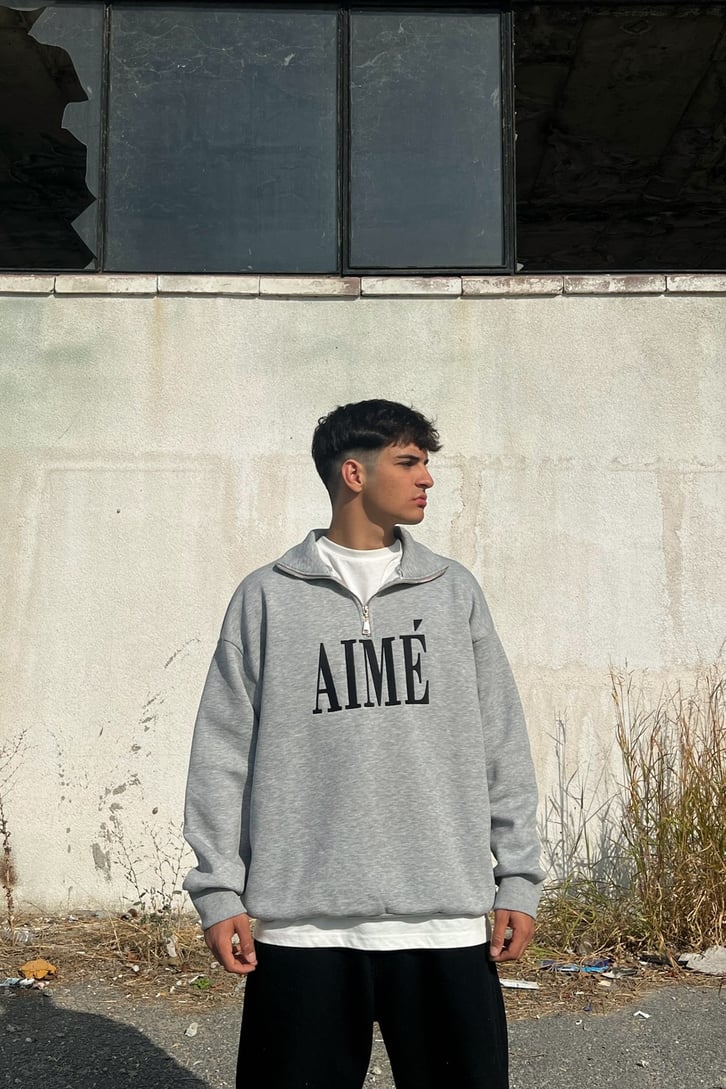 Aime Nakışlı Half-Zip Gri Sweatshirt
