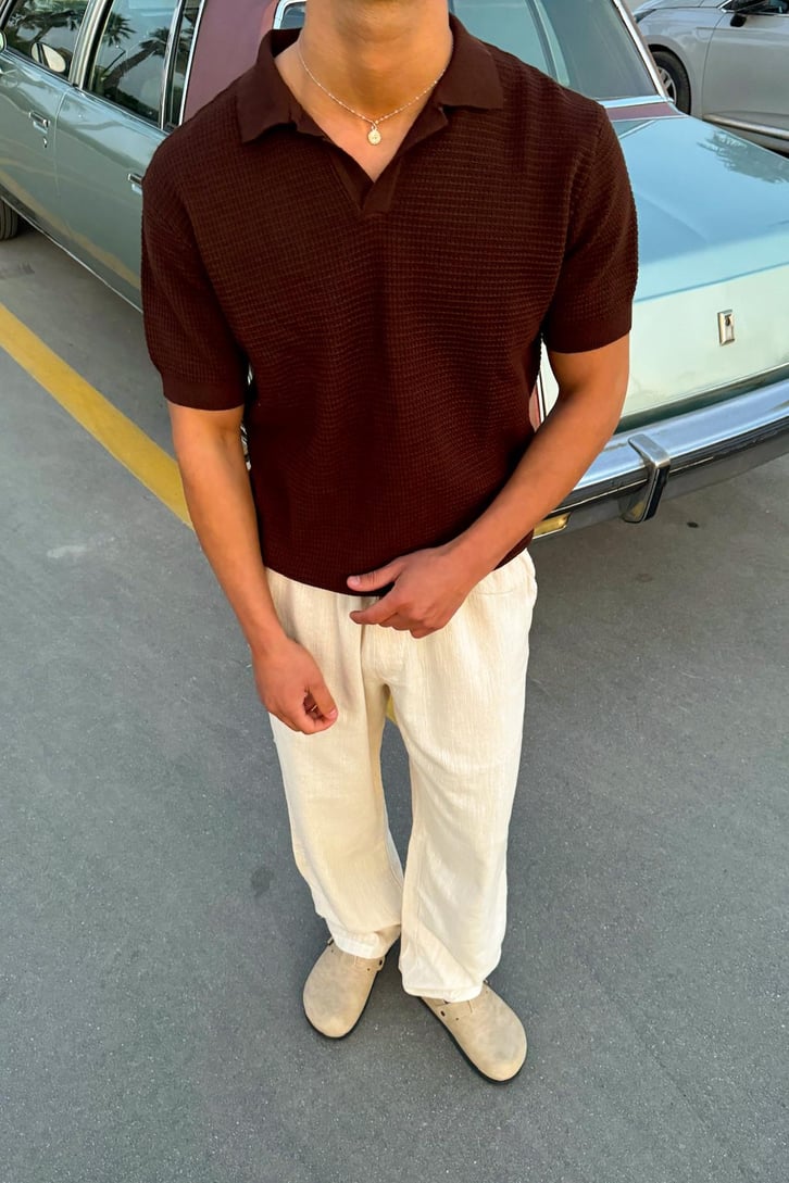 Ajurlu Patlı Triko Polo Yaka Tişört