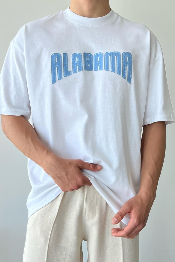 Alabama Nakışlı Beyaz Oversize Tişört