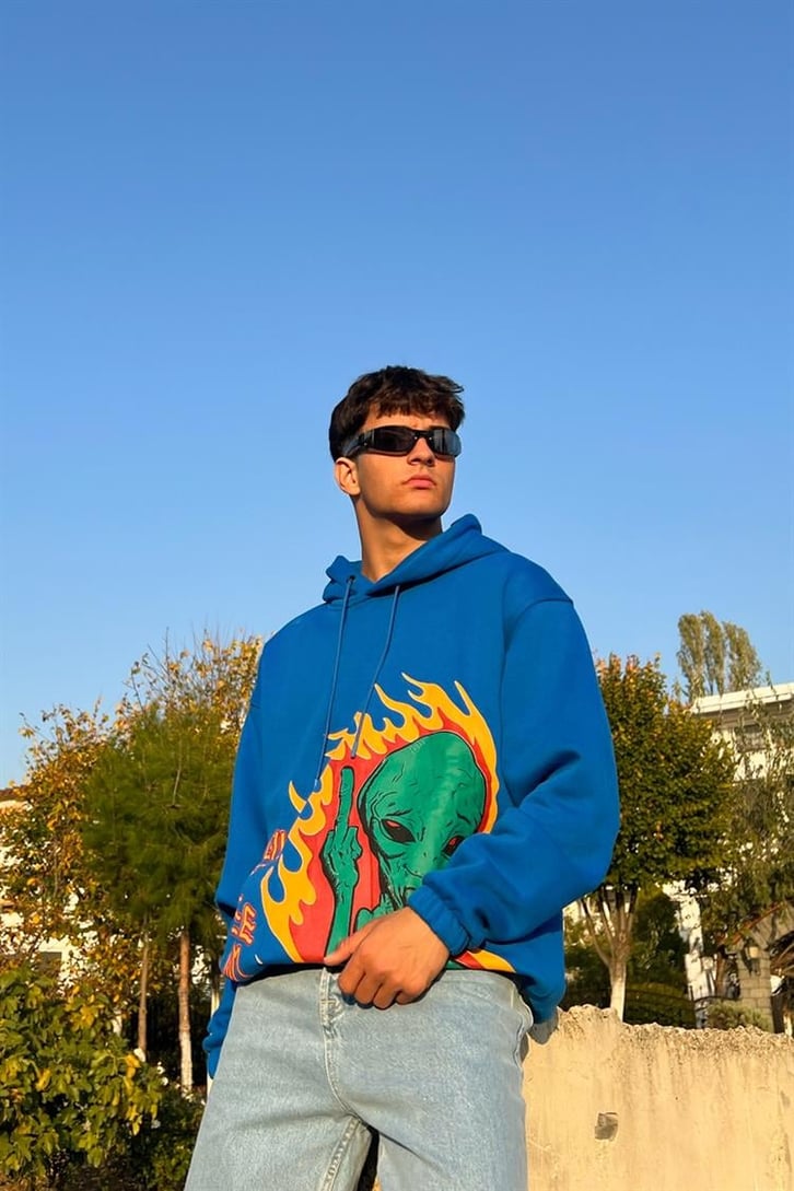Alien Flame Baskılı Saks Mavisi İçi Pamuklu Oversize Hoodie
