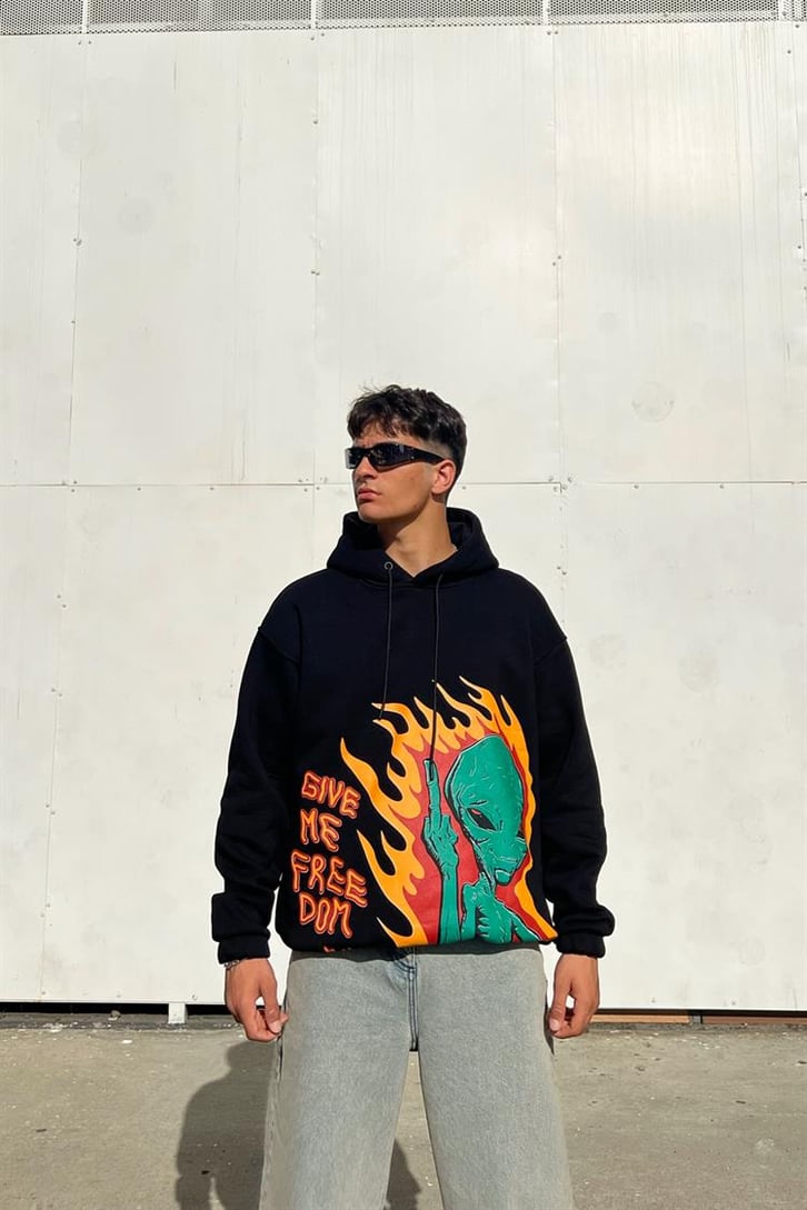 Alien Flame Baskılı Siyah İçi Pamuklu Oversize Hoodie