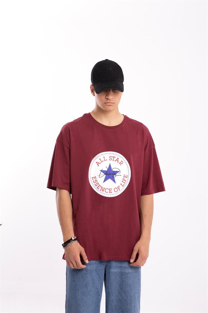 All Star Baskılı Bordo Oversize Tişört