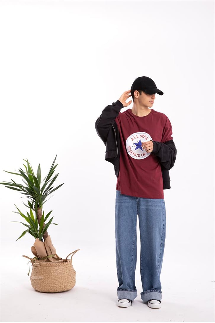 All Star Baskılı Bordo Oversize Tişört