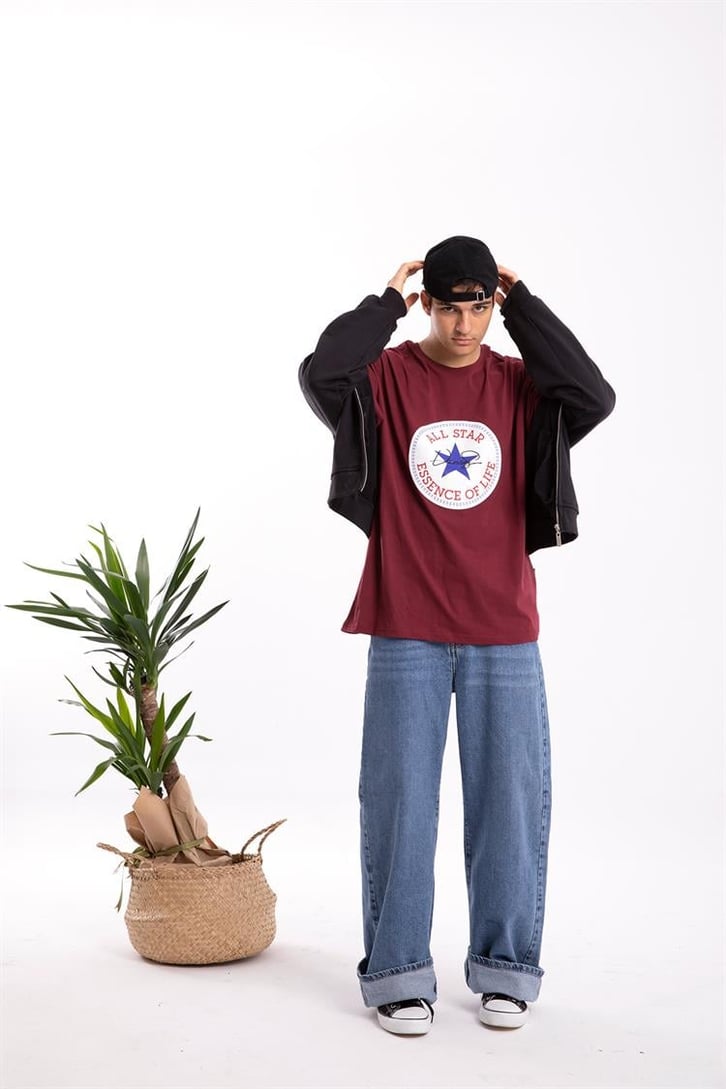 All Star Baskılı Bordo Oversize Tişört