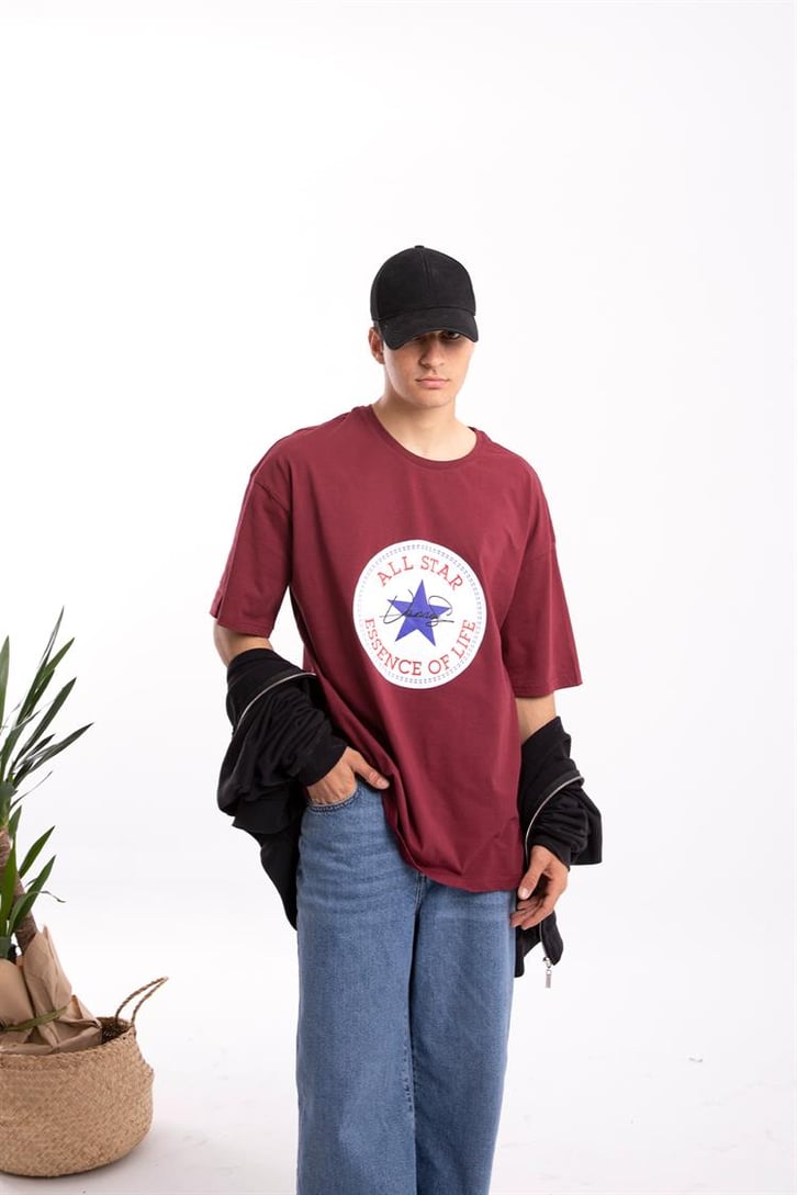 All Star Baskılı Bordo Oversize Tişört