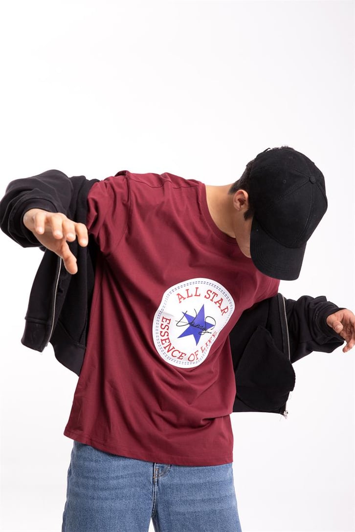 All Star Baskılı Bordo Oversize Tişört