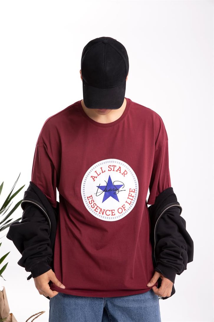 All Star Baskılı Bordo Oversize Tişört