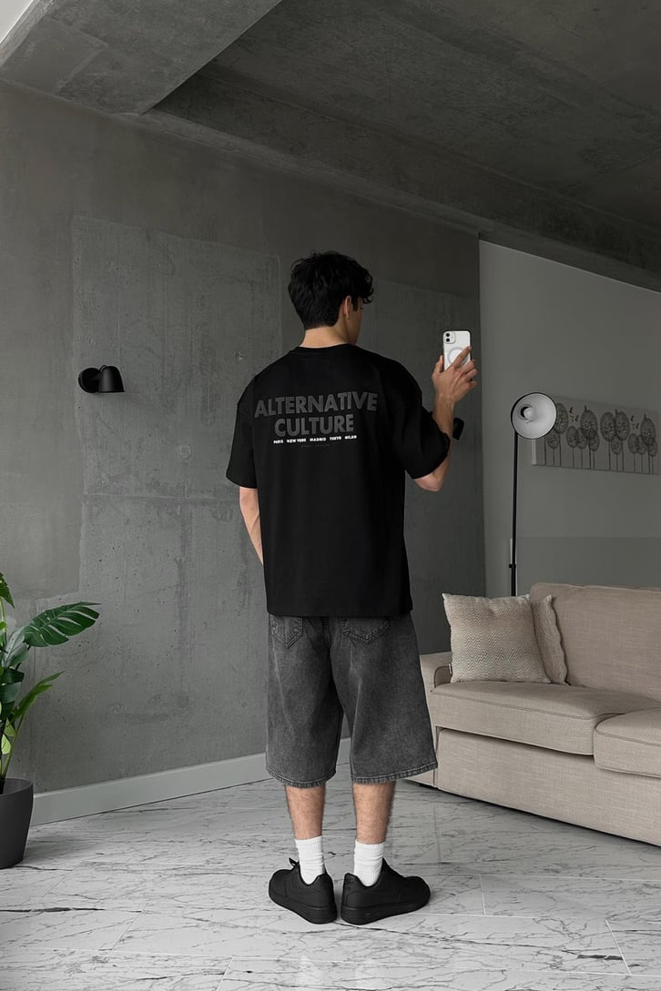 Alternative Baskılı Siyah Oversize Tişört