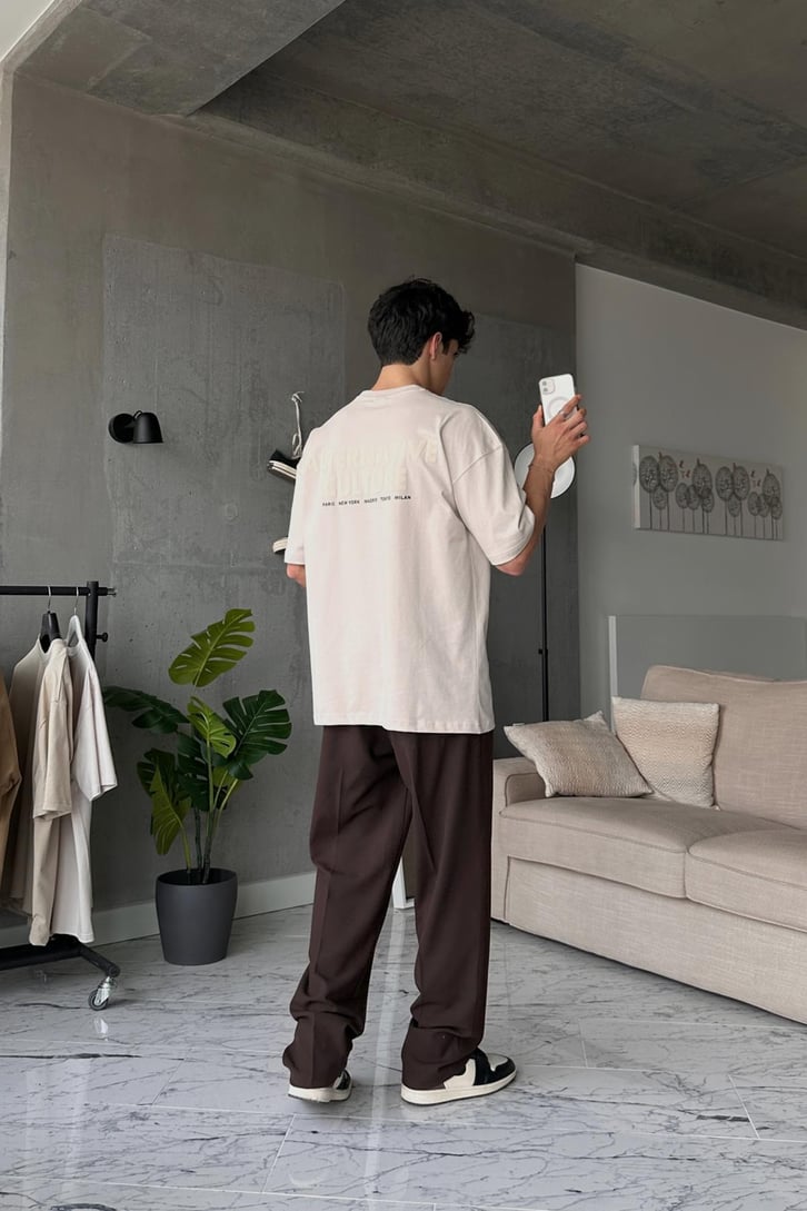 Alternative Baskılı Taş Rengi Oversize Tişört
