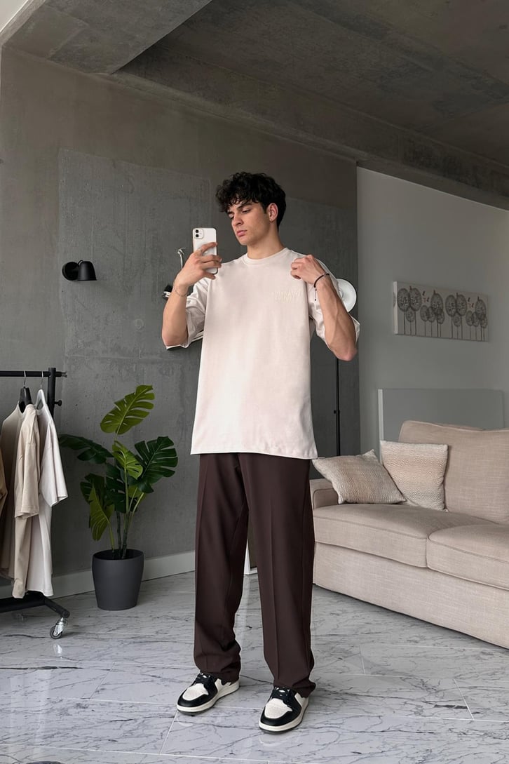 Alternative Baskılı Taş Rengi Oversize Tişört