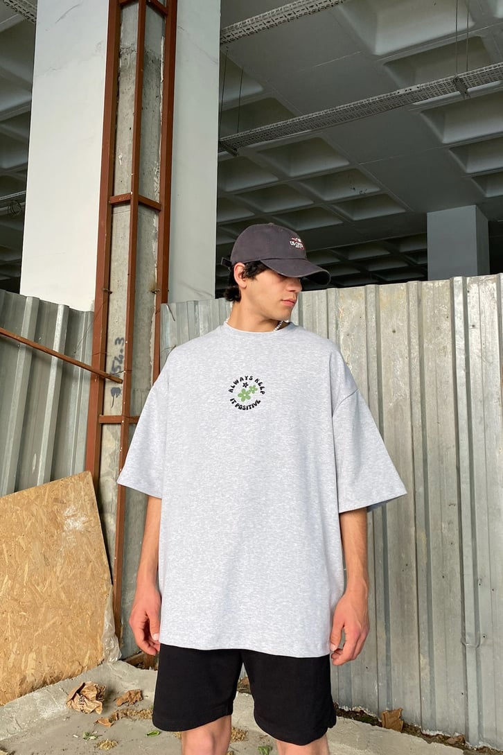 Always Keep Baskılı Gri Oversize Tshirt