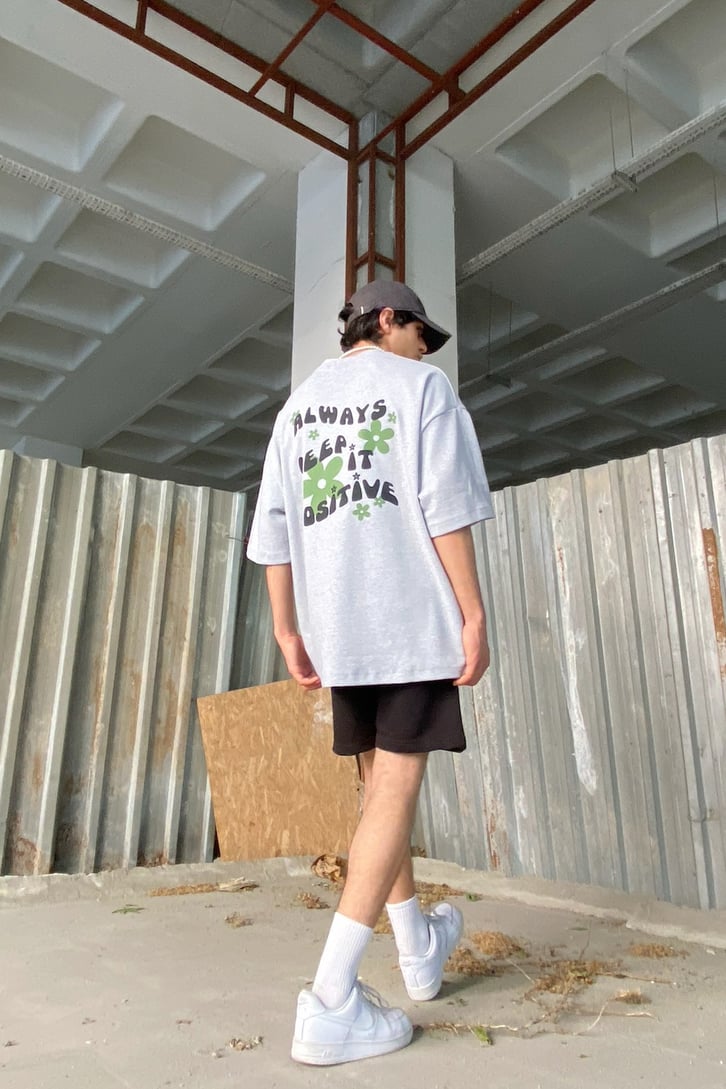 Always Keep Baskılı Gri Oversize Tshirt