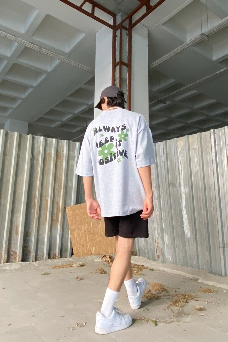 Always Keep Baskılı Gri Oversize Tshirt