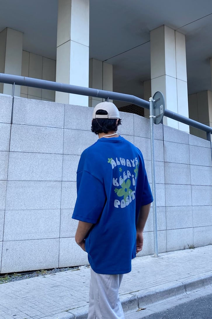 Always Keep Baskılı Mavi Oversize Tshirt
