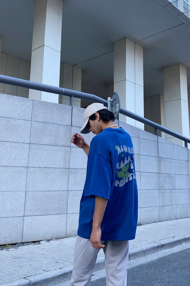 Always Keep Baskılı Mavi Oversize Tshirt