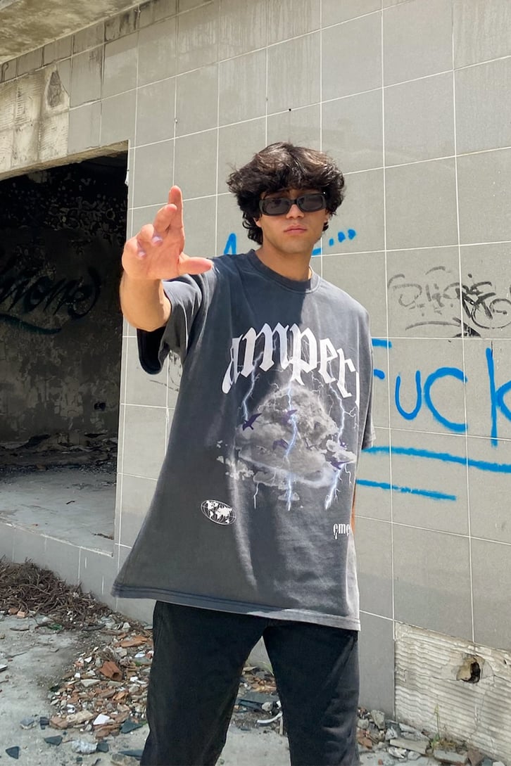 Ampere Baskılı Acid Wash Oversize Tshirt