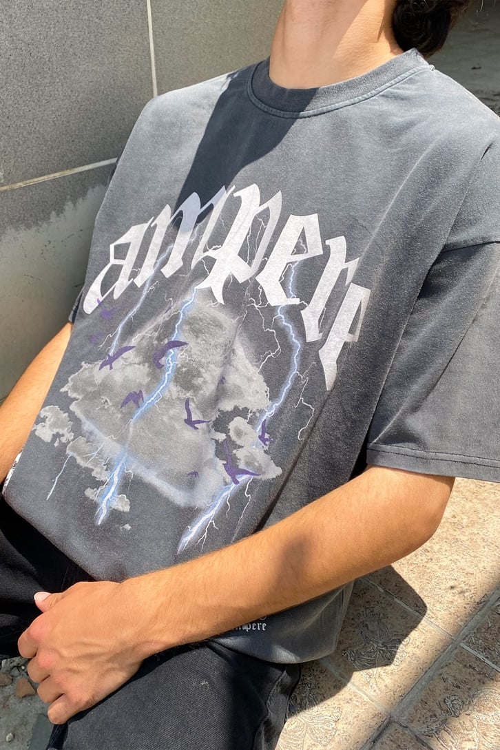 Ampere Baskılı Acid Wash Oversize Tshirt