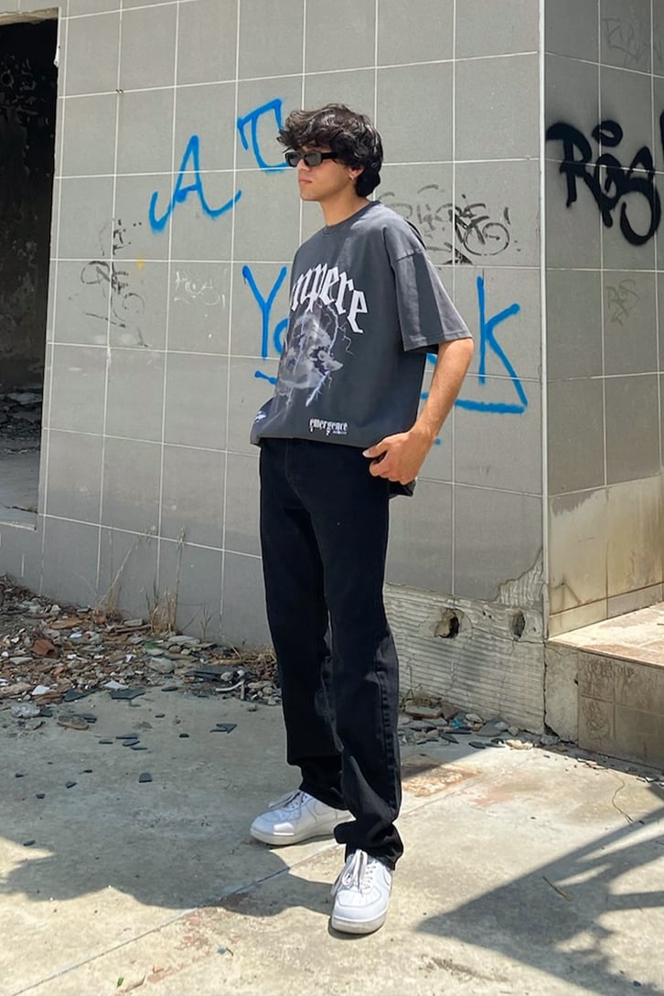Ampere Baskılı Acid Wash Oversize Tshirt