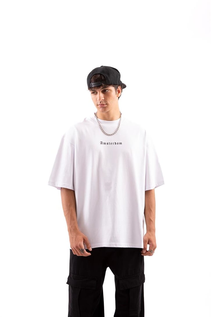 Amsterdam Baskılı Beyaz Oversize Tişört