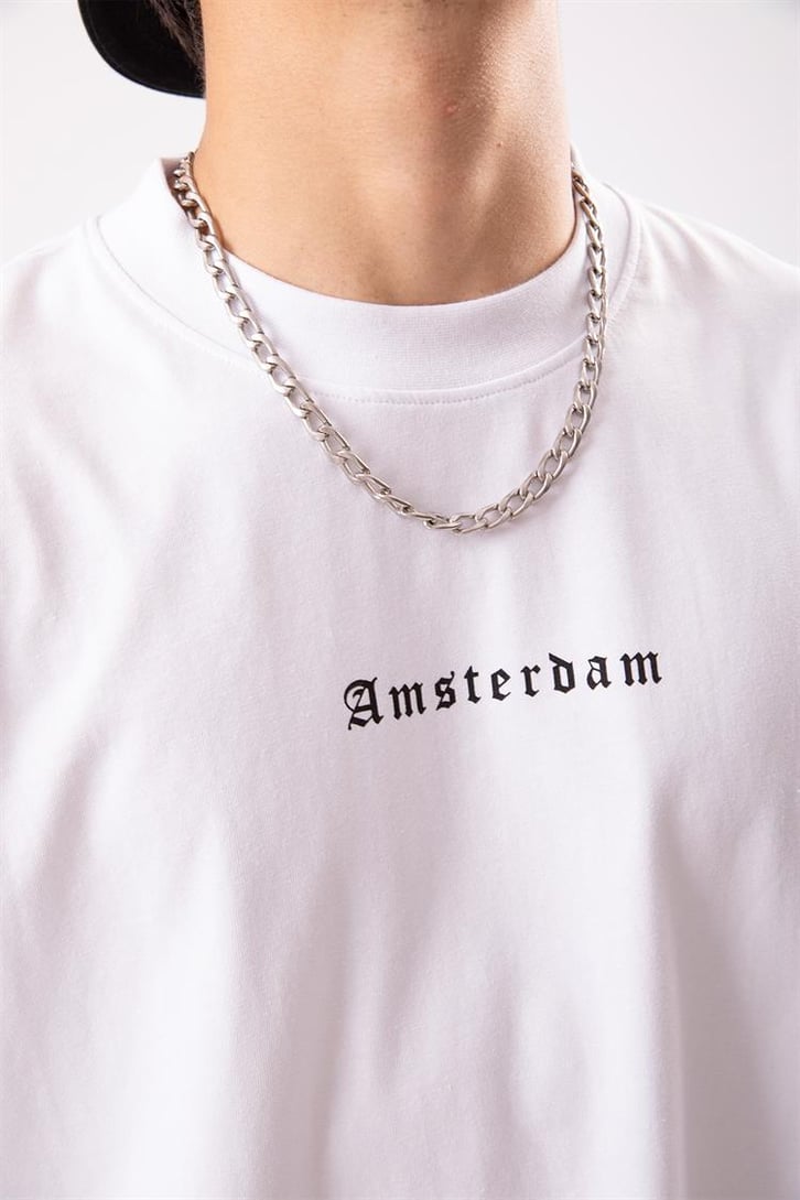 Amsterdam Baskılı Beyaz Oversize Tişört