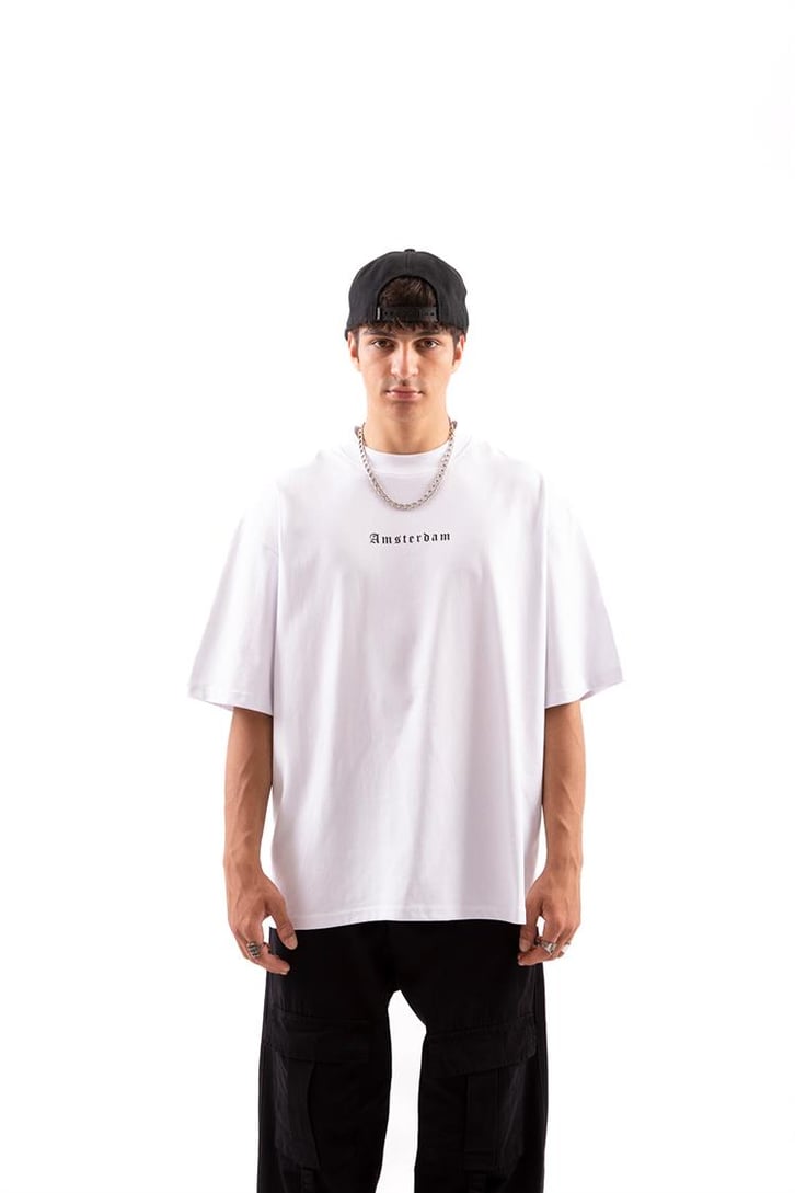 Amsterdam Baskılı Beyaz Oversize Tişört