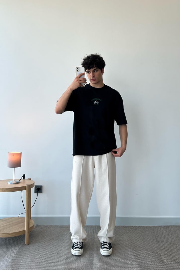 Amsterdam Bicycle Nakışlı Siyah Oversize Tişört