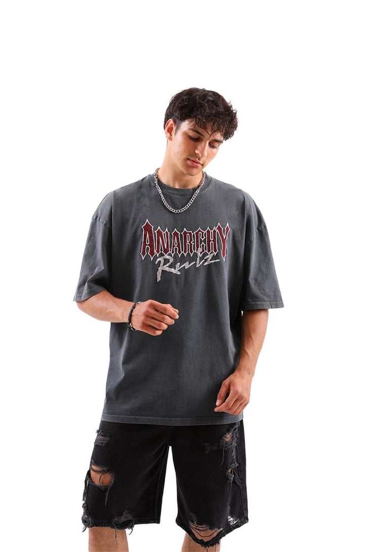 Anarchy Rulz Nakışlı Füme Oversize Tshirt