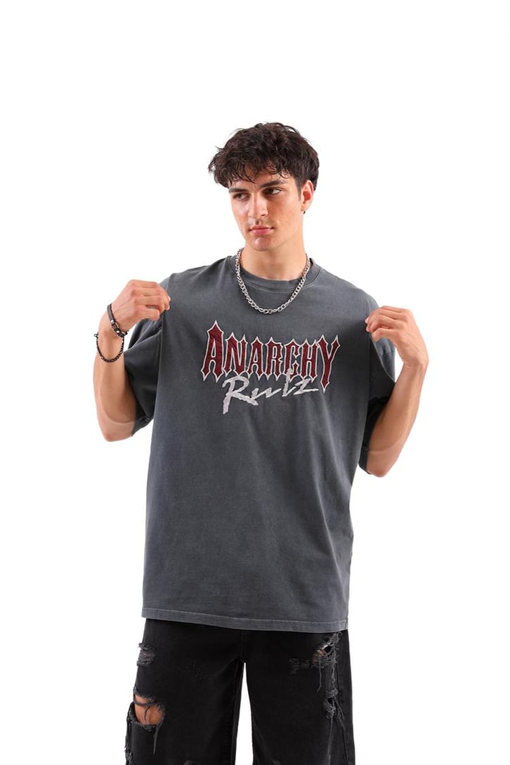 Anarchy Rulz Nakışlı Füme Oversize Tshirt