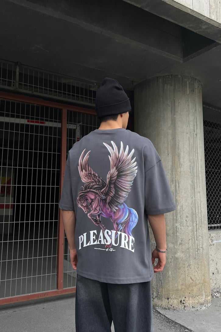 Angel Horse Baskılı Koyu Gri Oversize Tişört