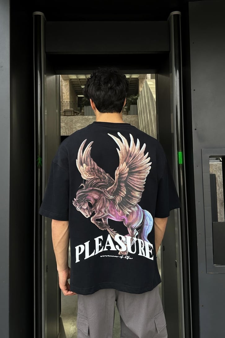 Angel Horse Baskılı Siyah Oversize Tişört
