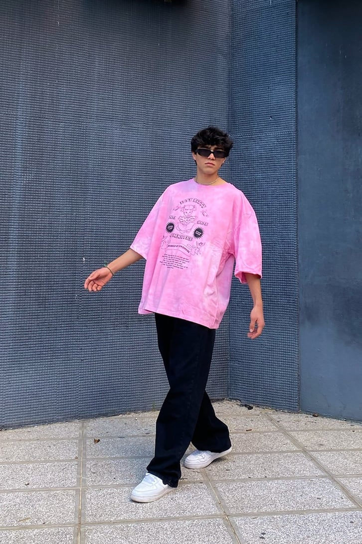 Anti Hate Community Baskılı Pembe Batik Oversize Tshirt