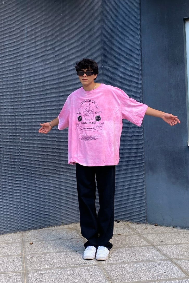 Anti Hate Community Baskılı Pembe Batik Oversize Tshirt