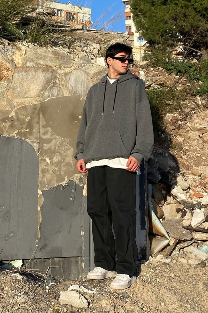 Antrasit Basic Oversize Hoodie