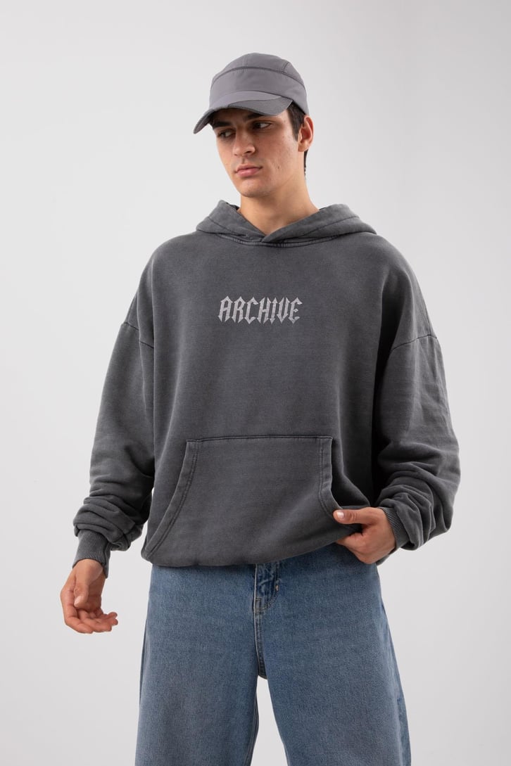 Archive Baskılı Acid Wash Oversize Hoodie