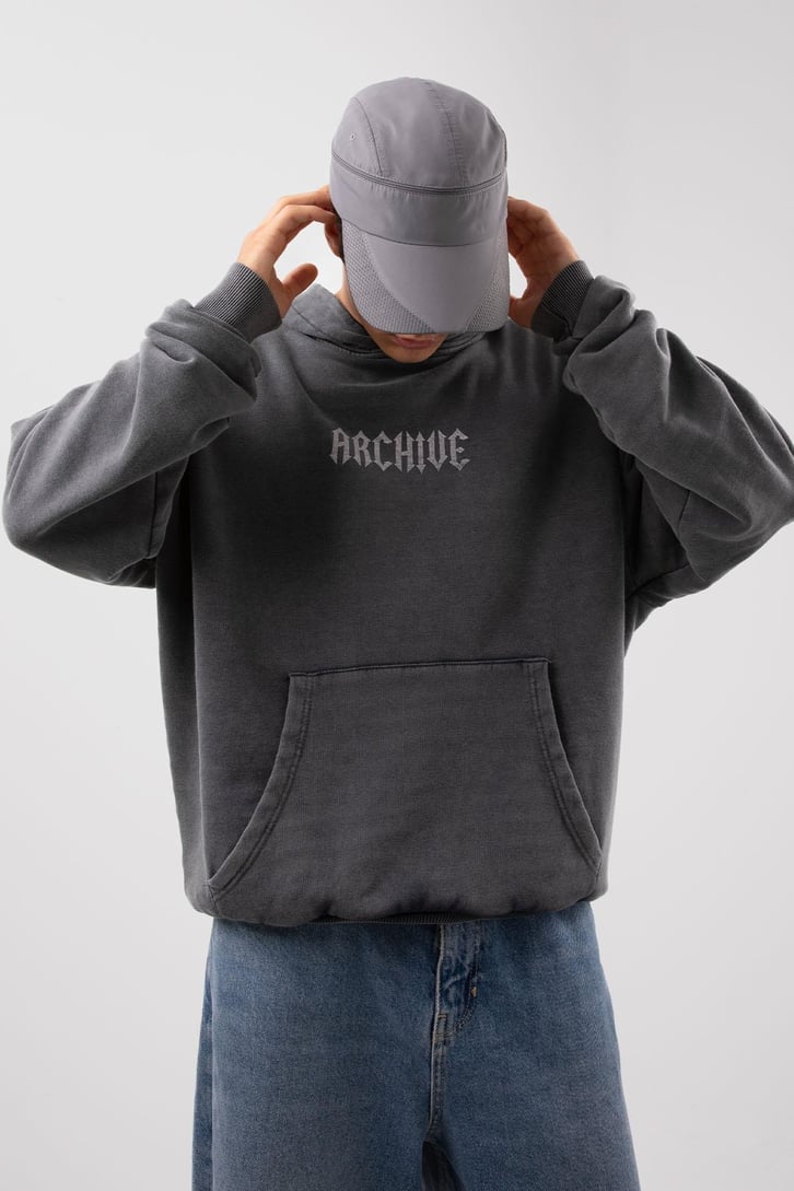 Archive Baskılı Acid Wash Oversize Hoodie